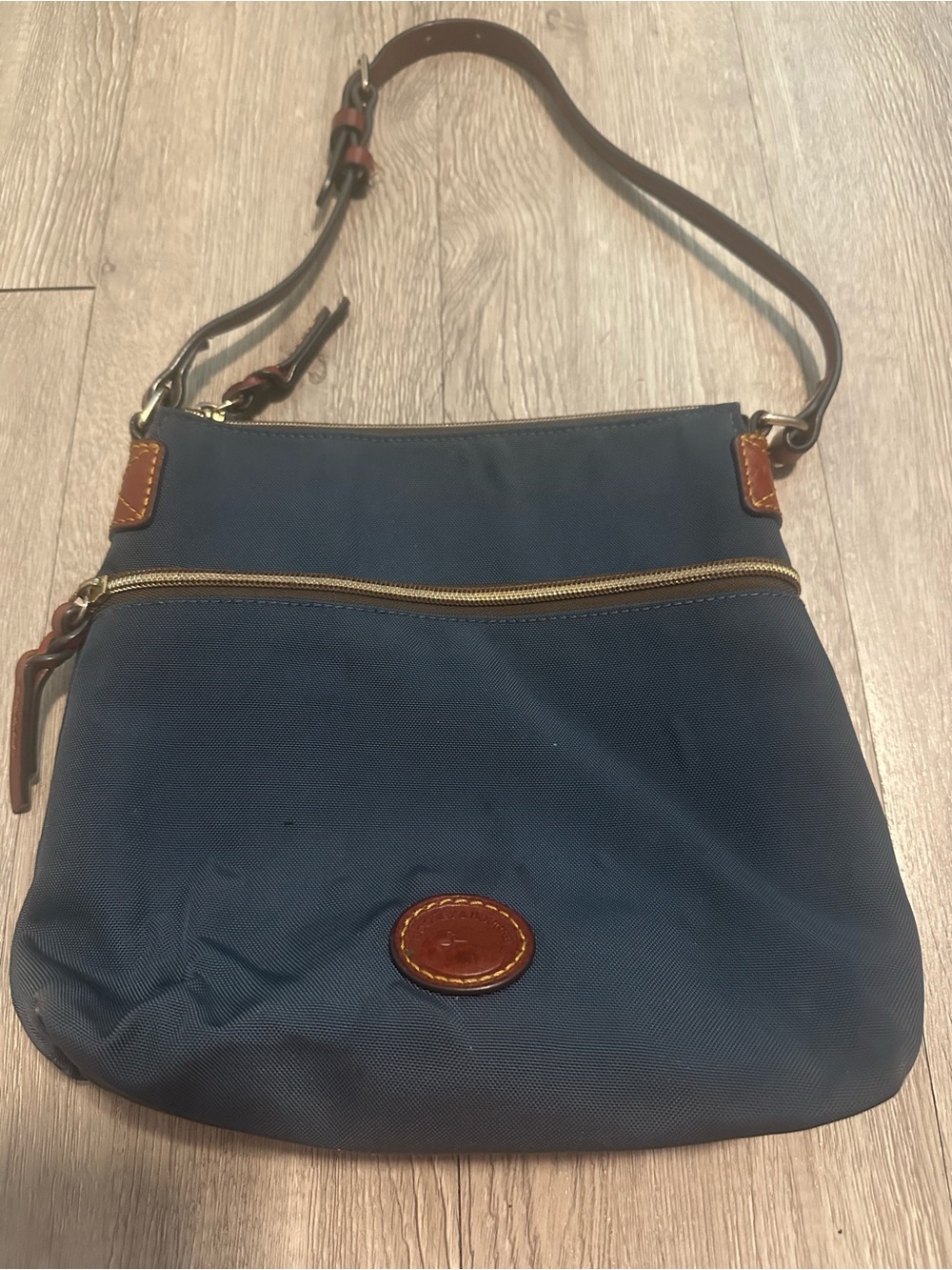 Dooney And Bourke Blue Nylon Crossbody Bag Brown Leather Strap Purse